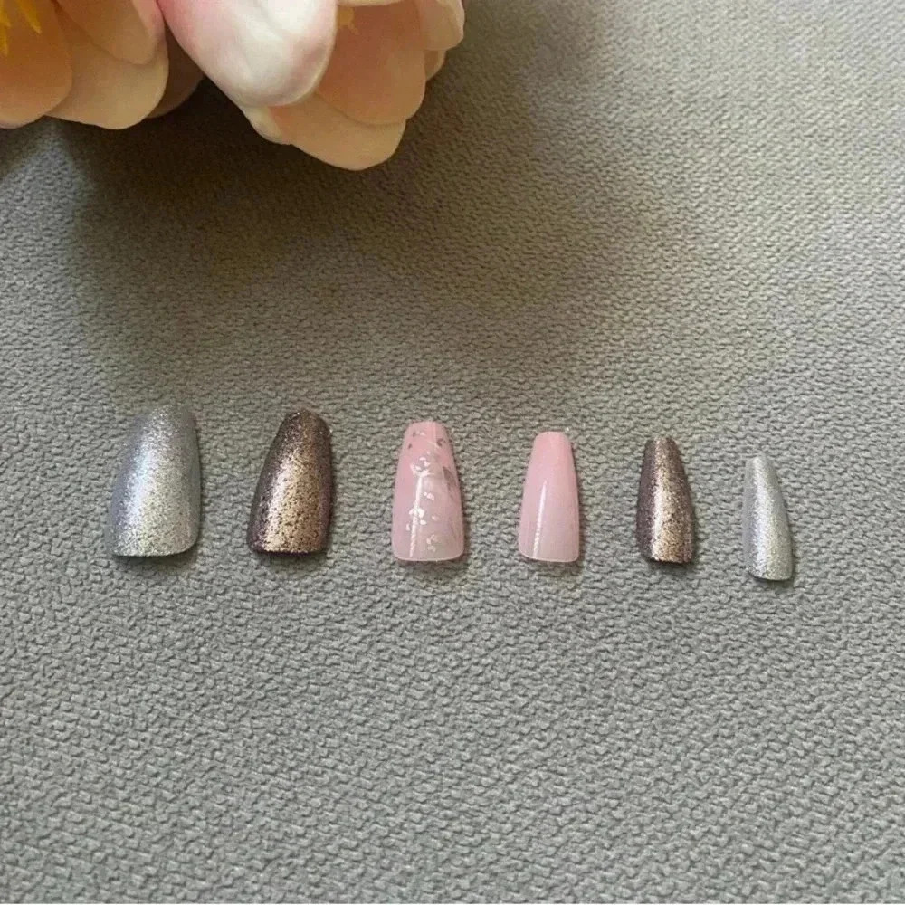 ✨Pink Marble with Gold and Silver Glitter Design - Glossy Press On Nails